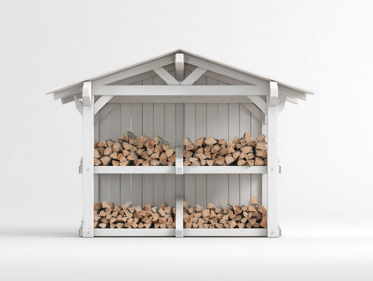 Kaminholzregal aus Holz mit 2 Ebenen 150 x 40 x 120 cm - Weißes Brennholzregal für Garten und Außenbereich