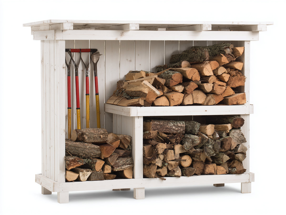 Kaminholzregal aus Holz mit 2 Ebenen und Werkzeughalter 120 x 40 x 110 cm - Weißes Brennholzregal für Garten und Außenbereich