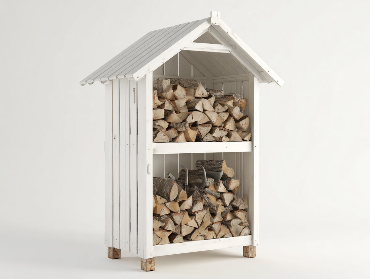Kaminholzregal 80x40x120 cm - Holzregal mit Dach für Brennholz - weißes Design für Garten und Außenbereich