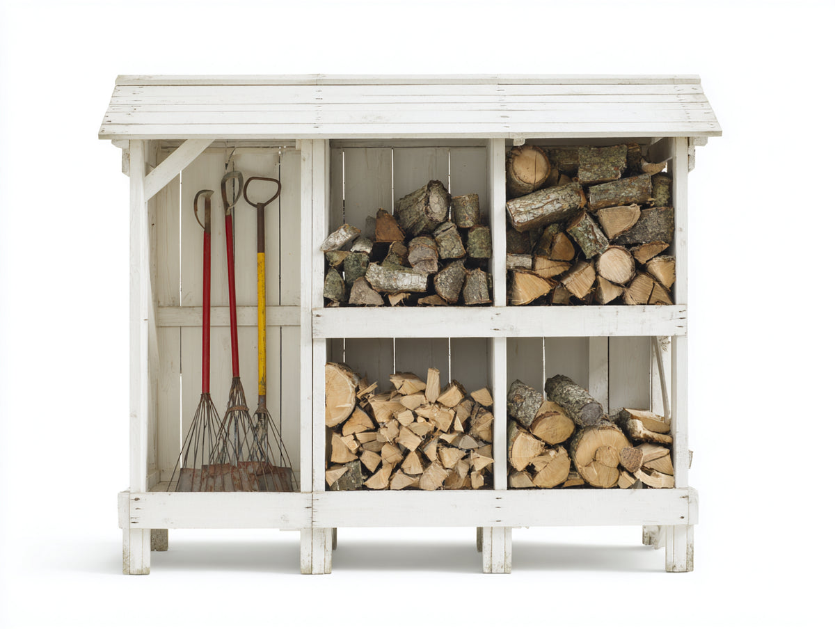 Kaminholzregal 180x45x180 cm aus Holz in Weiß mit Stauraum für Brennholz und Gartengeräte - Großes Holzlagerregal für den Außenbereich